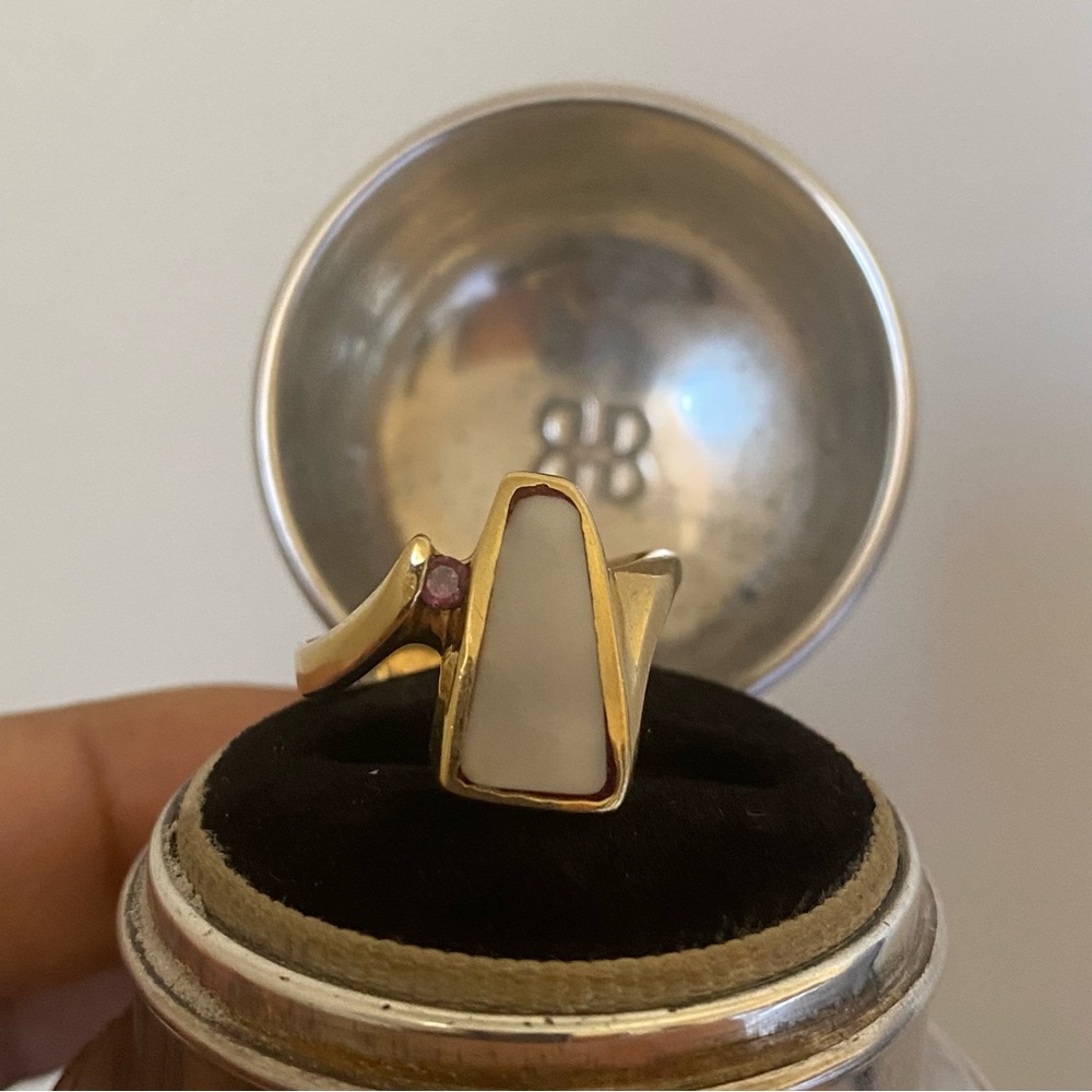 14k Yellow Gold Tapered Baguette Shaped stone and Pink Gemstone Modernist ring.